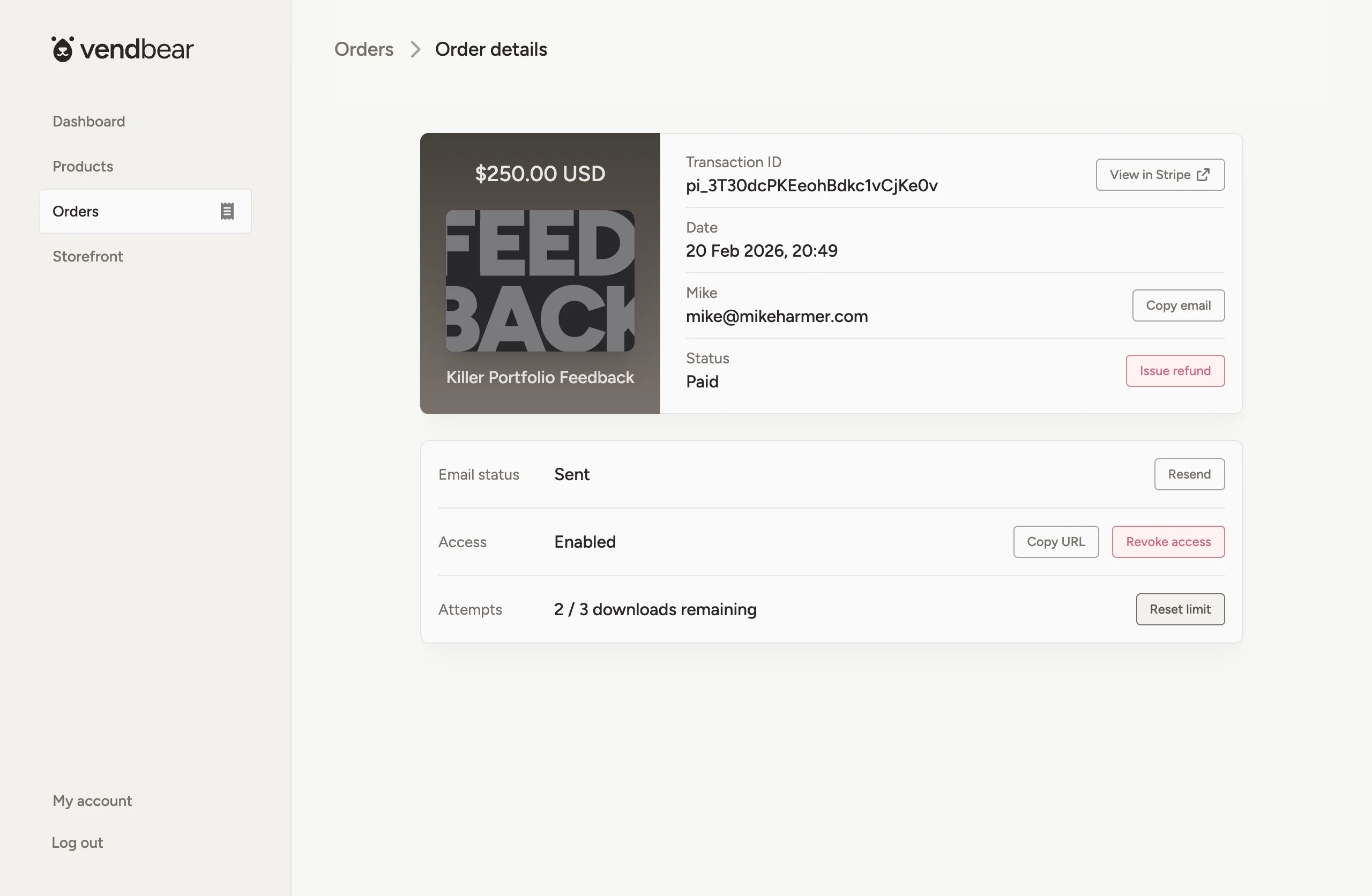 Vendbear dashboard controls for refunds and download access