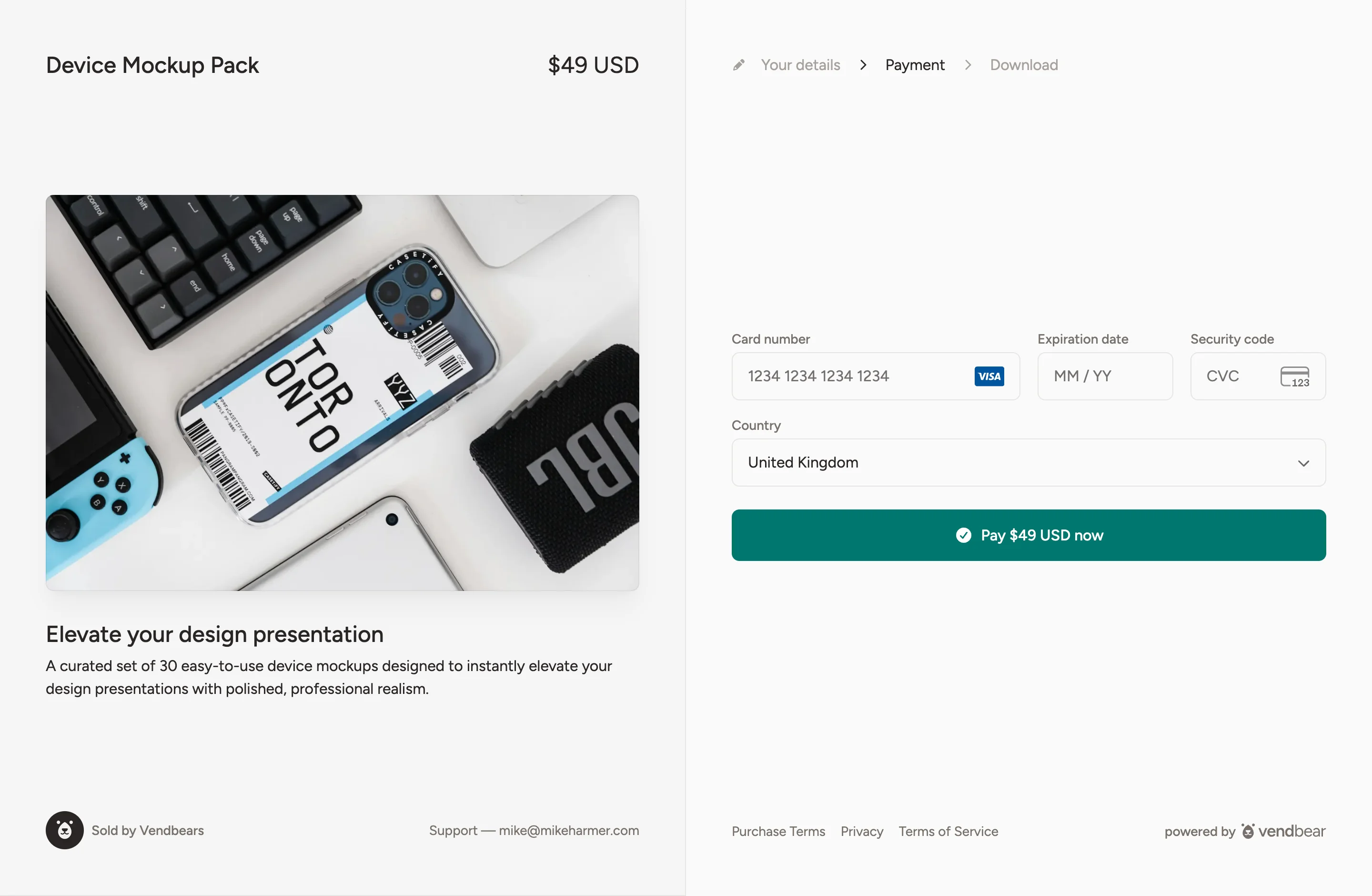Vendbear product checkout page